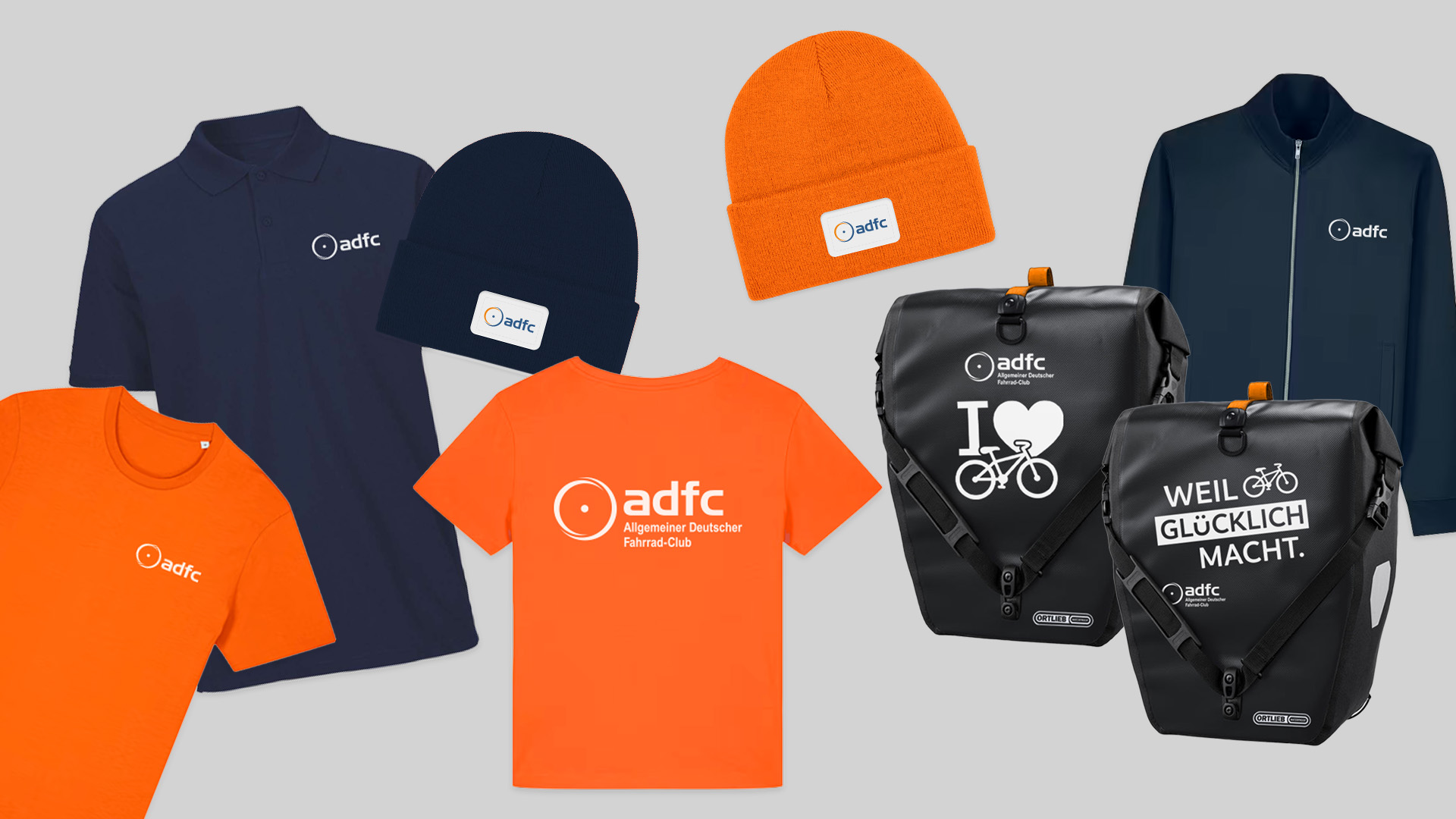 ADFC-Merchandise: Poloshirt, T-Shirts, Beanies, Sweatjacke und Ortlieb-Fahrradtaschen mit ADFC-Logo